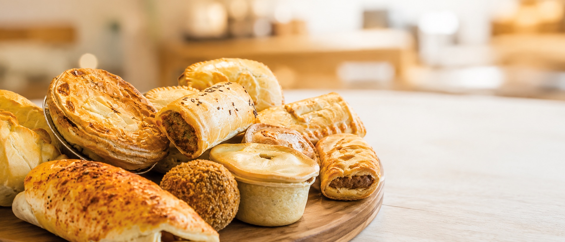 Freshly baked British pies, pasties and sausage rolls piled on a wooden board