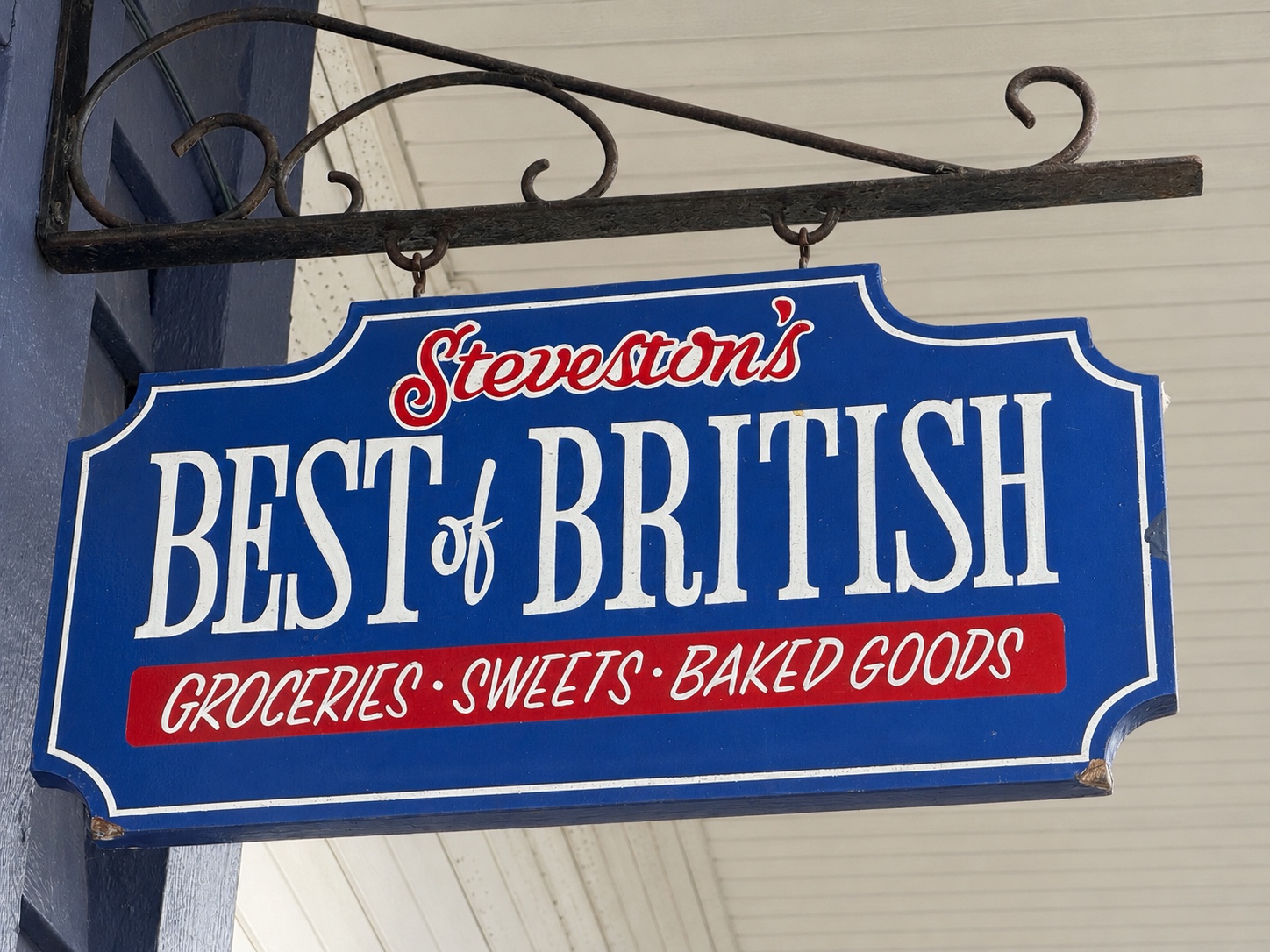 Close-up of the Steveston's Best of British hanging sign