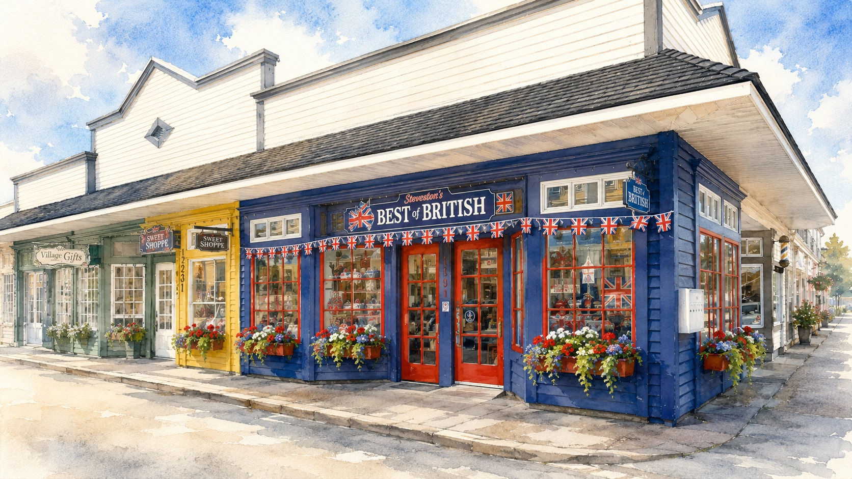 Watercolour illustration of the Steveston's Best of British storefront — navy blue shop with red doors and Union Jack bunting in Steveston Village